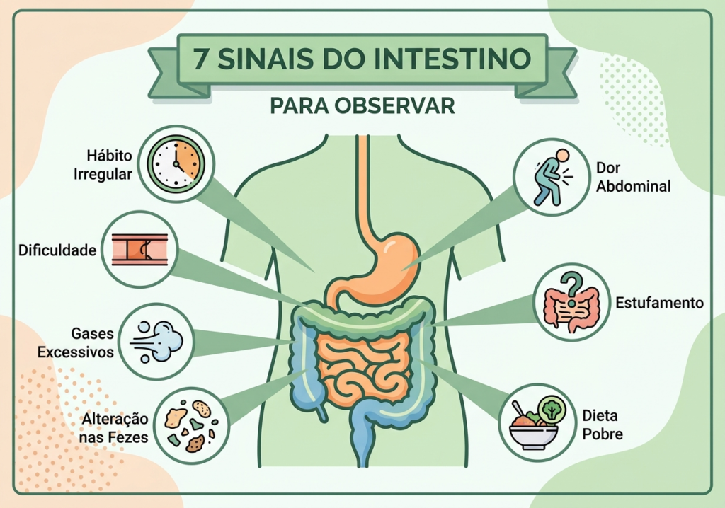 Gases e distensão abdominal São sinais de problemas intestinais.